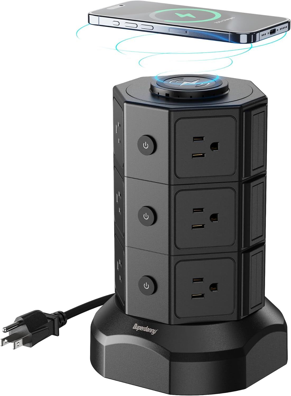 Tower Power Strip with 15W Wireless Charger, 1050J Surge Protector Tower 13A Charging Station with 12 AC Outlets & 6 USB Ports (2 USB C), 6.5Ft Black Extension Cord for Dorm Essentials