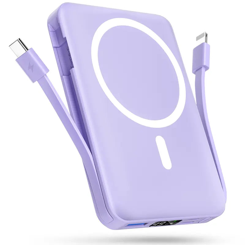 Magnetic Power Bank, 10000Mah Magnetic Power Bank Built-In USB C Lighting Cable Apple Charging Cable 22.5W PD Fast Charging LED Display Magnetic Safety Battery Pack Only for Iphone 15/14/13/12/Mini/Pro/Pro Max - Black Smartphone Cellphone