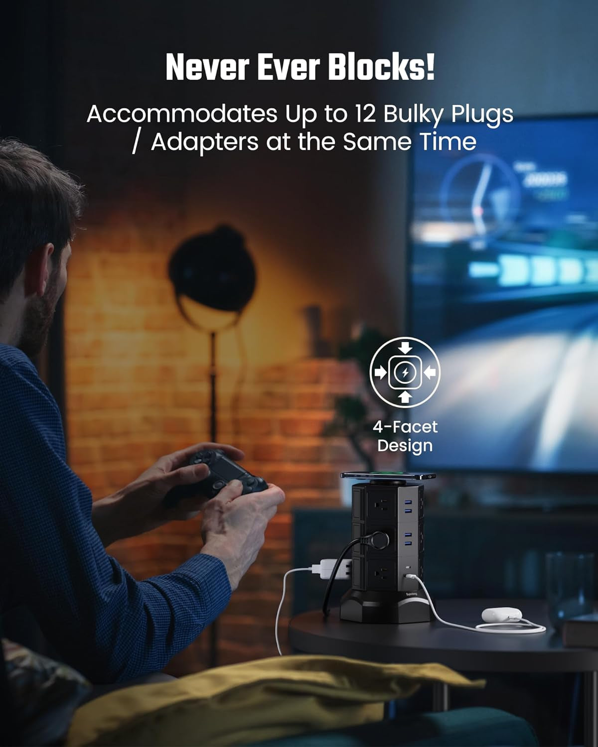 Tower Power Strip with 15W Wireless Charger, 1050J Surge Protector Tower 13A Charging Station with 12 AC Outlets & 6 USB Ports (2 USB C), 6.5Ft Black Extension Cord for Dorm Essentials