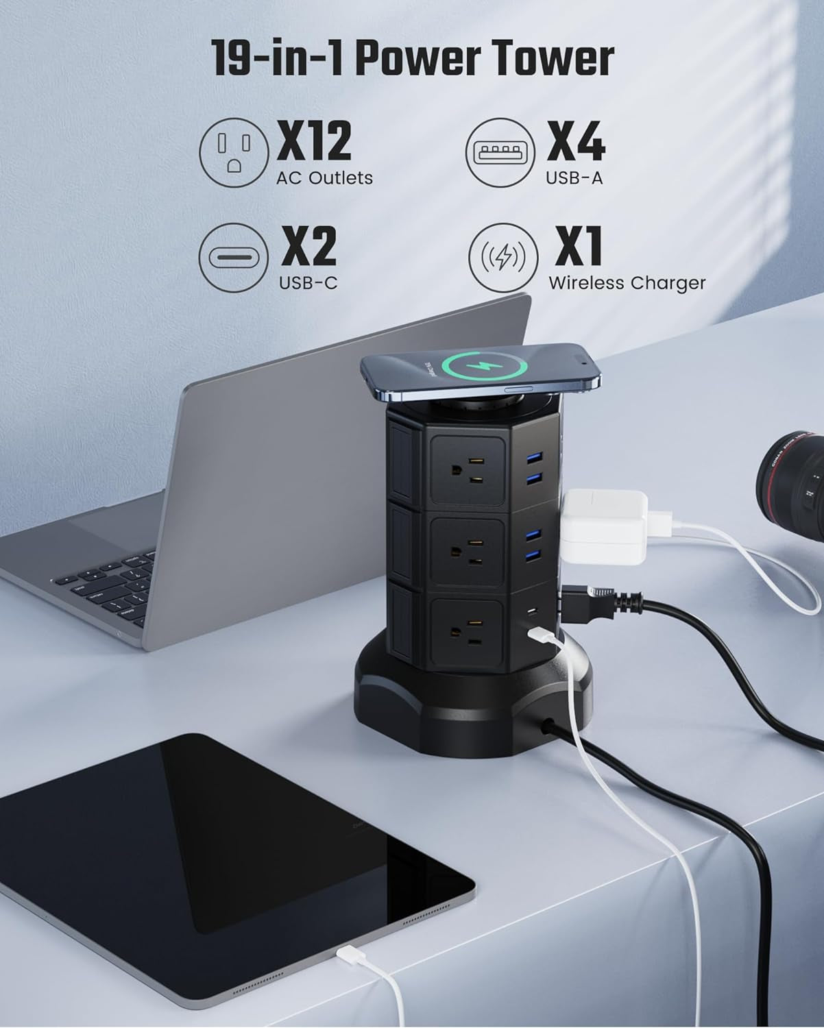 Tower Power Strip with 15W Wireless Charger, 1050J Surge Protector Tower 13A Charging Station with 12 AC Outlets & 6 USB Ports (2 USB C), 6.5Ft Black Extension Cord for Dorm Essentials