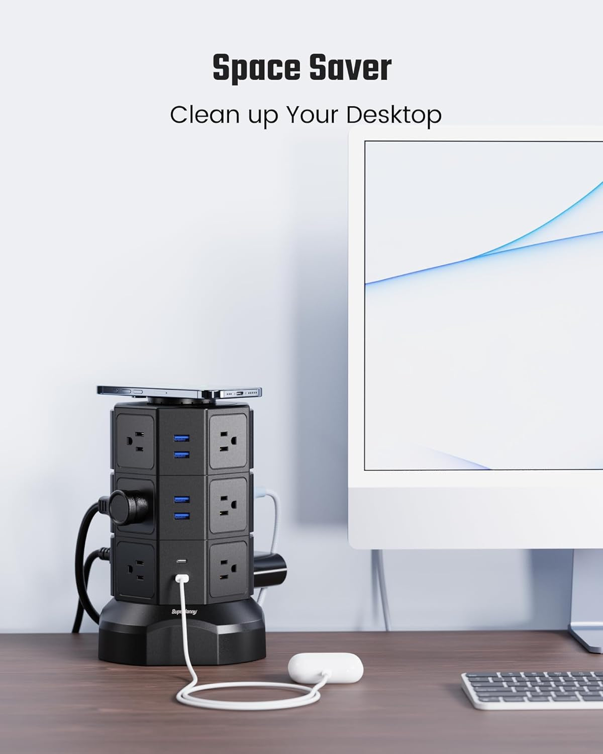Tower Power Strip with 15W Wireless Charger, 1050J Surge Protector Tower 13A Charging Station with 12 AC Outlets & 6 USB Ports (2 USB C), 6.5Ft Black Extension Cord for Dorm Essentials