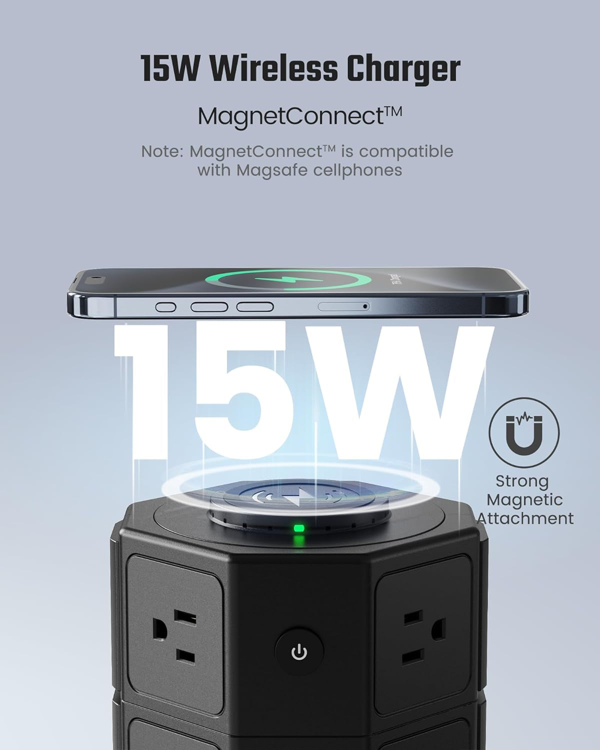Tower Power Strip with 15W Wireless Charger, 1050J Surge Protector Tower 13A Charging Station with 12 AC Outlets & 6 USB Ports (2 USB C), 6.5Ft Black Extension Cord for Dorm Essentials
