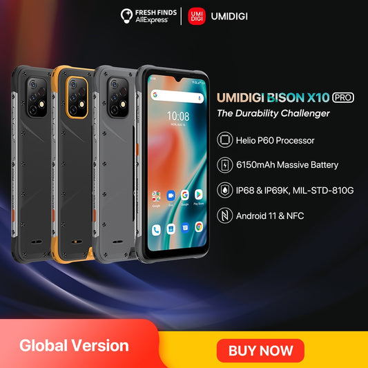 UMIDIGI BISON X10 PRO Rugged Smartphone NFC Global Version 6.53" IP68 4GB 128GB Helio P60 20MP Triple Camera 6150mAh Cellphone