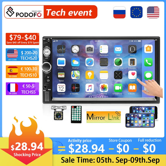 Podofo 2 Din Car Radio Stereo Bluetooth 7" HD Car Stereo Auto Audio Multimedia Player MP5 Universal Touch Screen USB TF FM