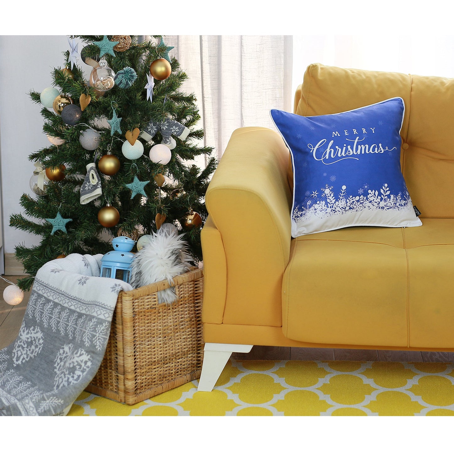 Christmas Snow Blue Square 18" Throw Pillow Cover