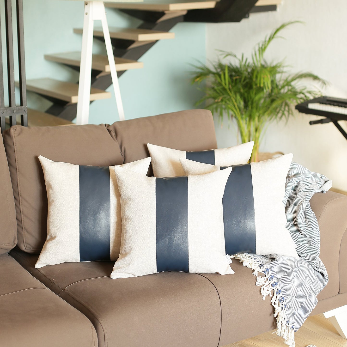 Boho Set of 4 Handcrafted Decorative Throw Pillow Cover Vegan Faux Leather Solid for Couch, Bedding