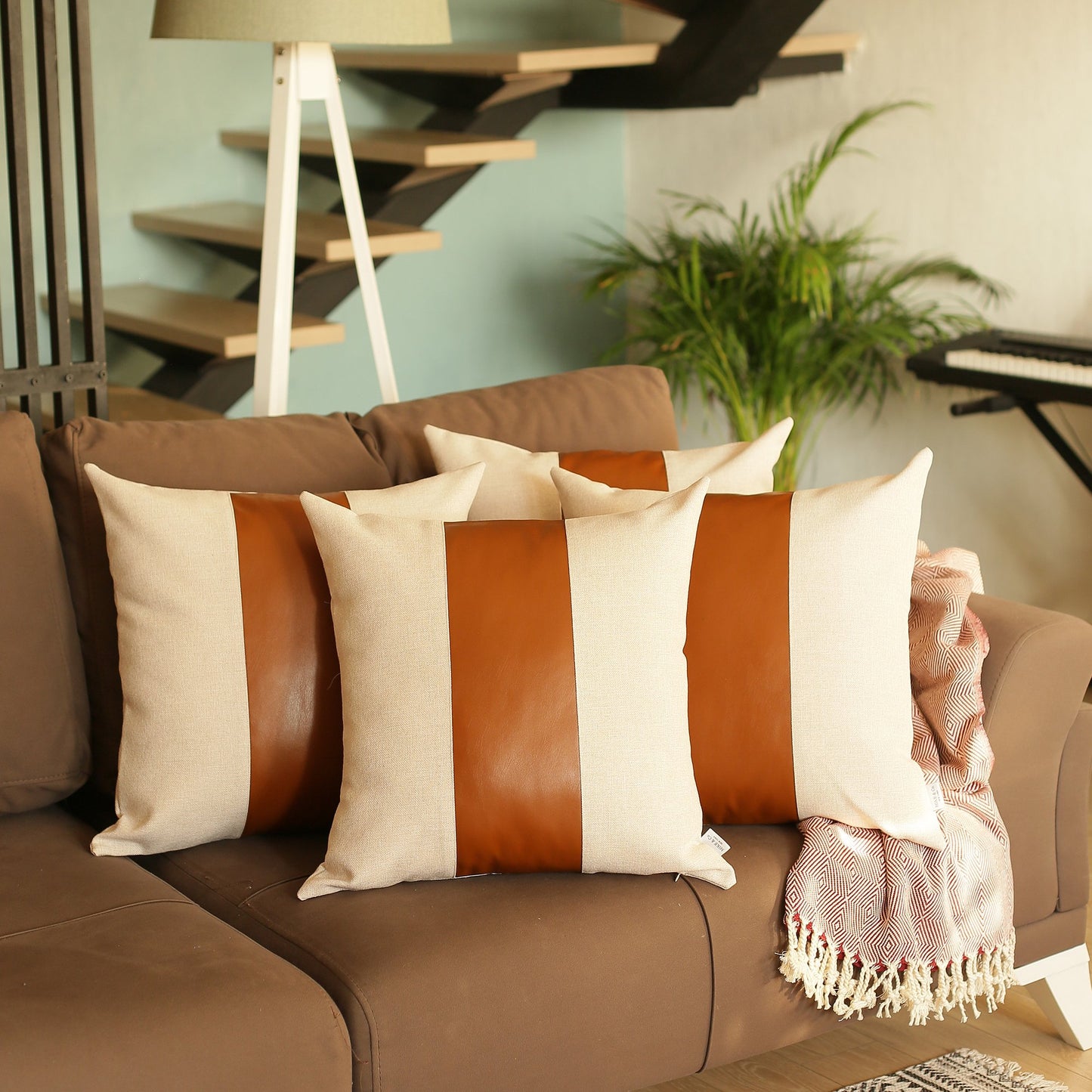 Boho Set of 4 Handcrafted Decorative Throw Pillow Cover Vegan Faux Leather Solid for Couch, Bedding