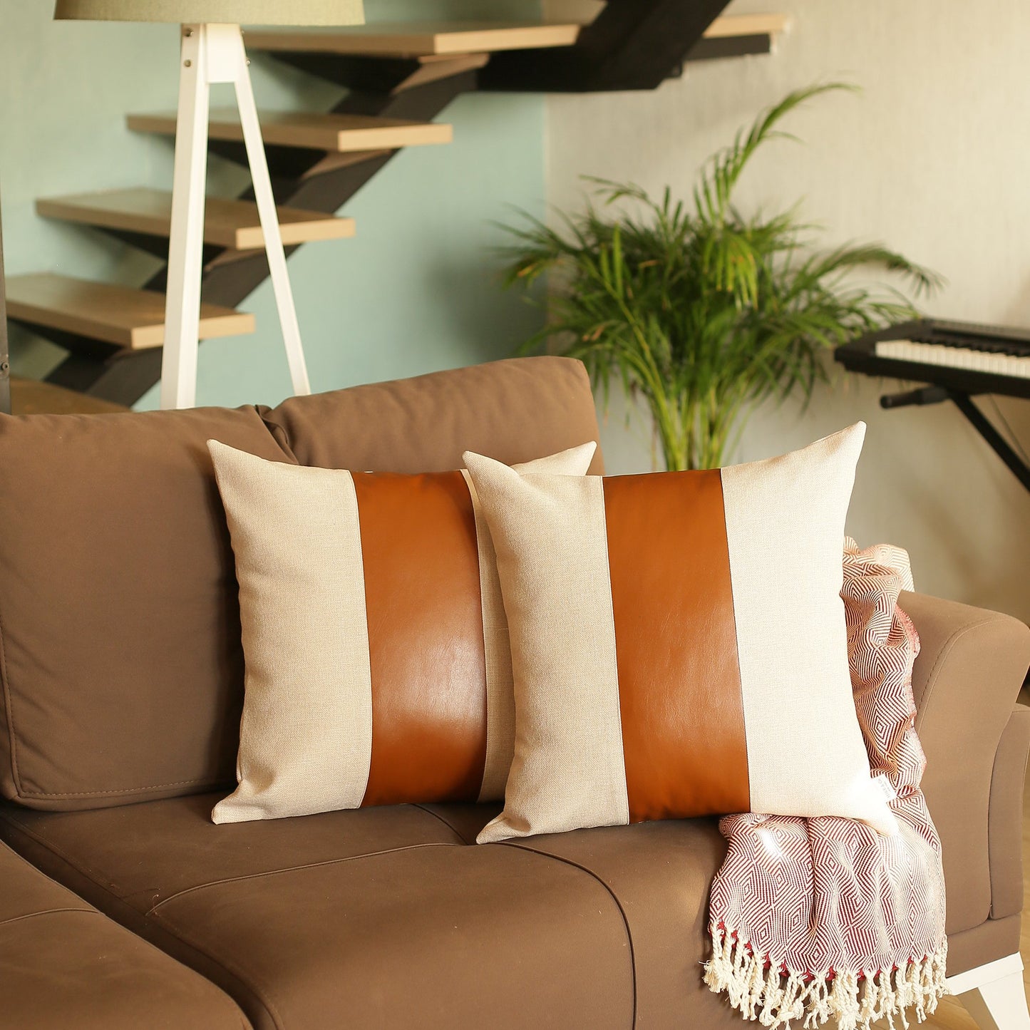 Boho Set of 2 Handcrafted Decorative Throw Pillow Cover Vegan Faux Leather Solid for Couch, Bedding