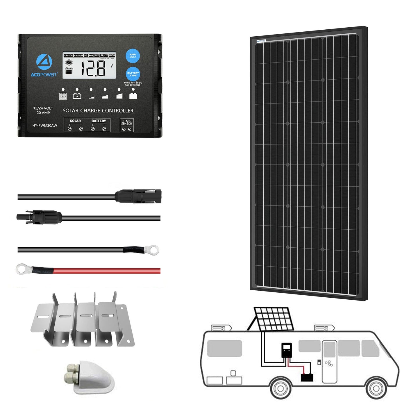 ACOPOWER 100W 12V Mono Solar RV Kits, 20A PWM Charge Controller