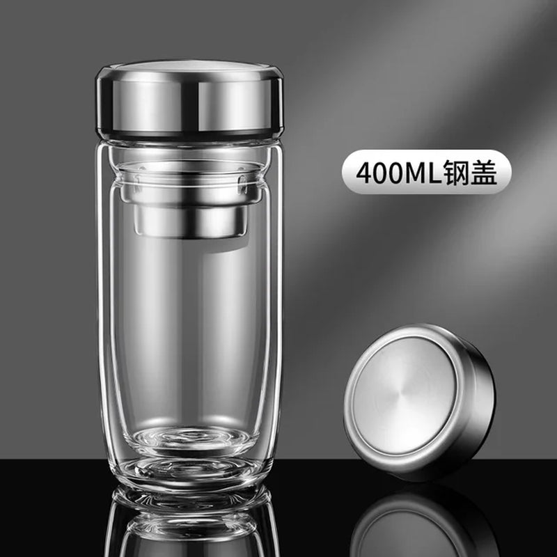 400ML Double Wall Glass Tea Tumbler Water Bottle with Filter Infuser Travel Mug