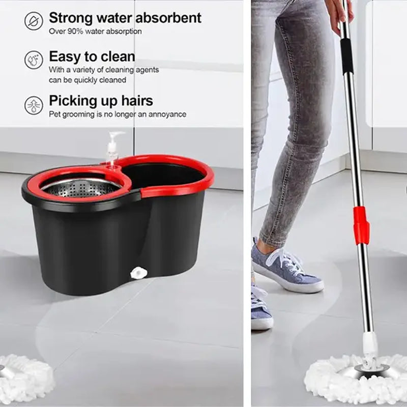 VEETGG Janitorial Mop Bucket Wringer Set Extendable Handle 360 Spin Mops for Floor Cleaning + 2 Mop Heads Cleaning Pack Red Black Microfiber