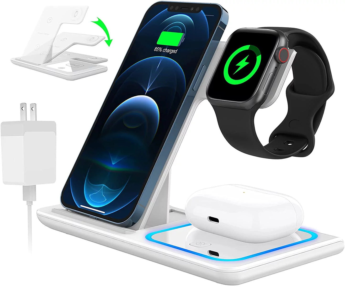 3 in 1 Wireless Charger, 18W Fast Charging Station for Iphone 15/14/13/12 /11/Pro Max/12 Pro /Xr,Wireless Charging Stand for Iwatch Series SE 9/8/7/6/5/4/3, Airpods Pro/3/2 (With QC3.0 Adapter)