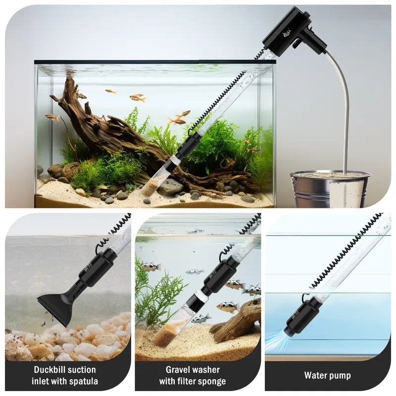 AQQA Aquarium Rechargeable Gravel Cleaner Kit,Energy Saving Powerful Fish Tank Siphon Vacuum Cleaner,Portable Automatic Water Changer,Adjustable Flow Rate Wash Sand 15W 420GPH