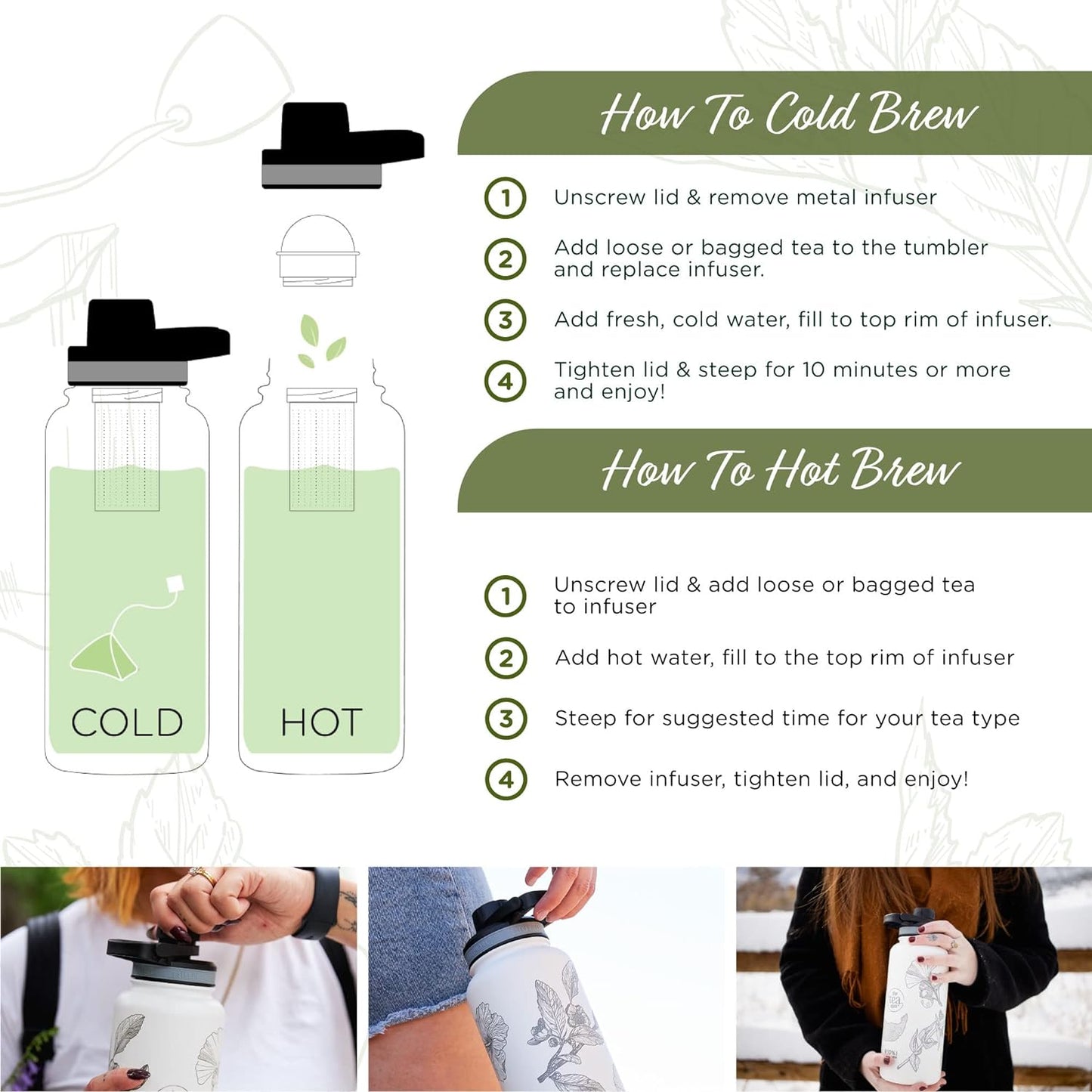 The Tea Spot Himalayan Tea Tumbler - Travel Bottle with Tea Infuser for Loose Leaf Tea or Iced Coffee - 32Oz, White-Etched - Double-Walled Insulated Bottle - Keeps Drinks Hot & Cold for Hours