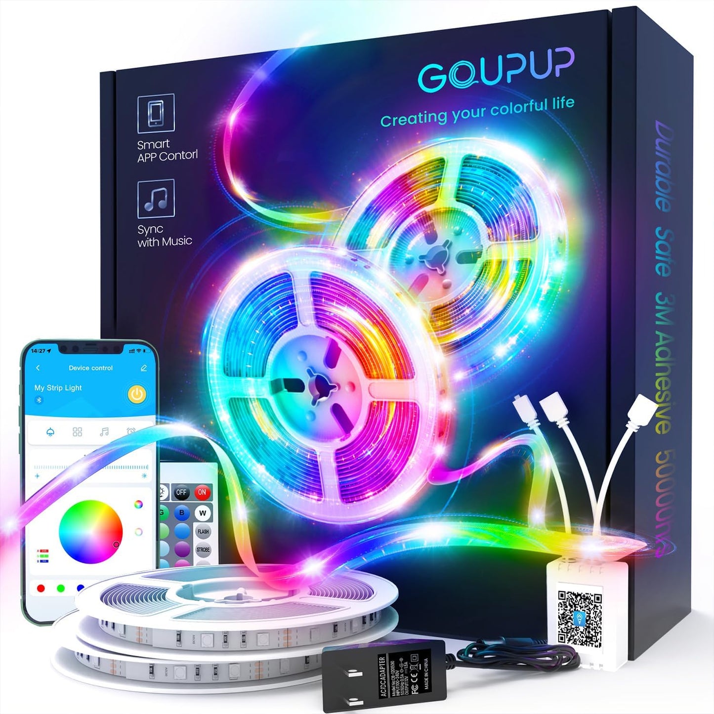 GUPUP 50 FT LED Strip Lights,Bluetooth LED Lights for Bedroom, Color Changing Light Strip with Music Sync, Phone Controller and IR Remote(App+Remote +Mic).