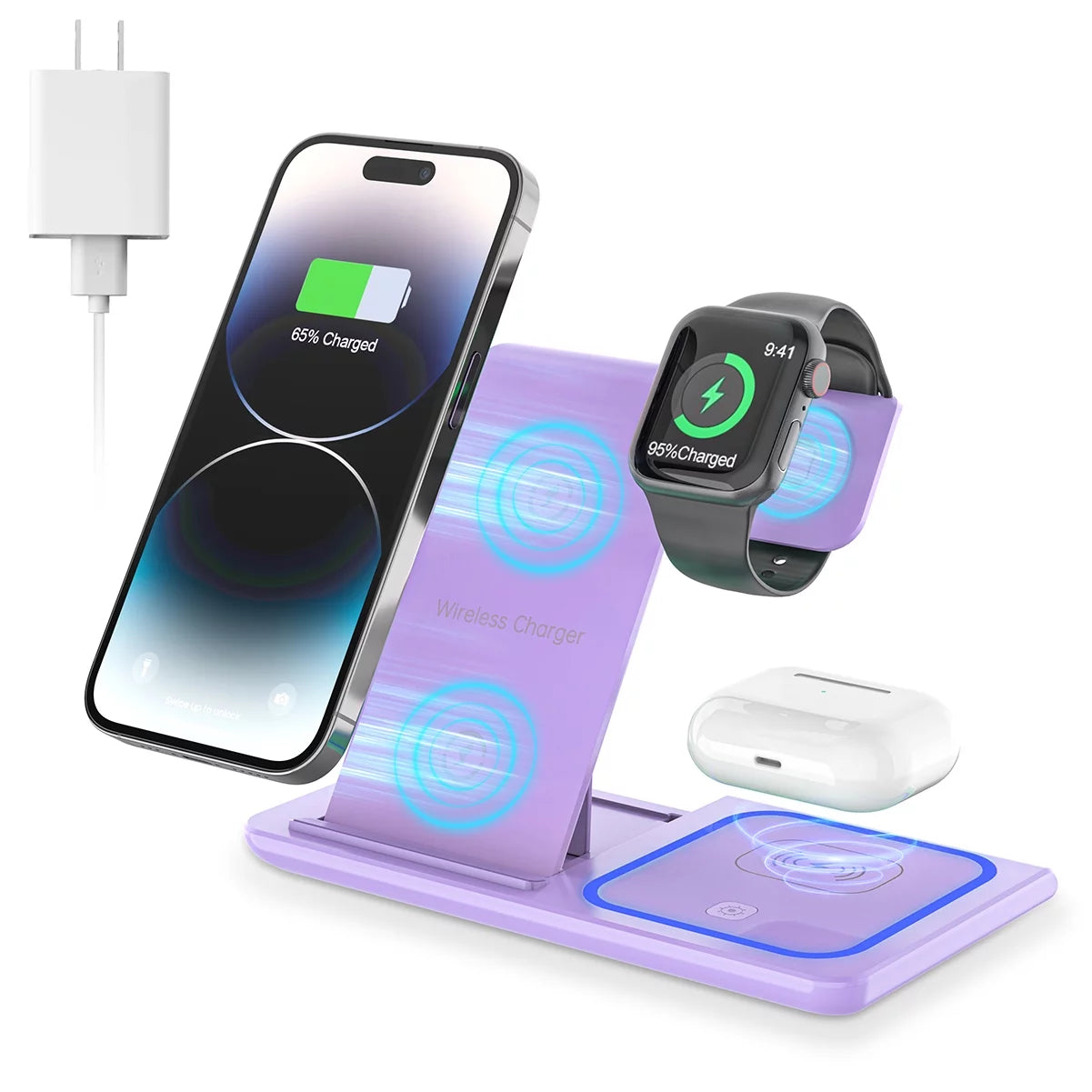 3 in 1 Wireless Charger, 18W Fast Charging Station for Iphone 15/14/13/12 /11/Pro Max/12 Pro /Xr,Wireless Charging Stand for Iwatch Series SE 9/8/7/6/5/4/3, Airpods Pro/3/2 (With QC3.0 Adapter)