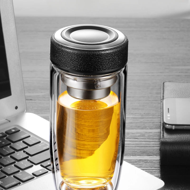 400ML Double Wall Glass Tea Tumbler Water Bottle with Filter Infuser Travel Mug