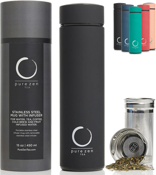 Pure Zen Tea Thermos with Infuser for Tea, Coffee and Fruit-Infused Water - Stainless Steel - Tea Infuser Bottle - Tea Tumbler with Infuser - Leakproof Tea Bottle - Travel Tea Mug - 15Oz - Black