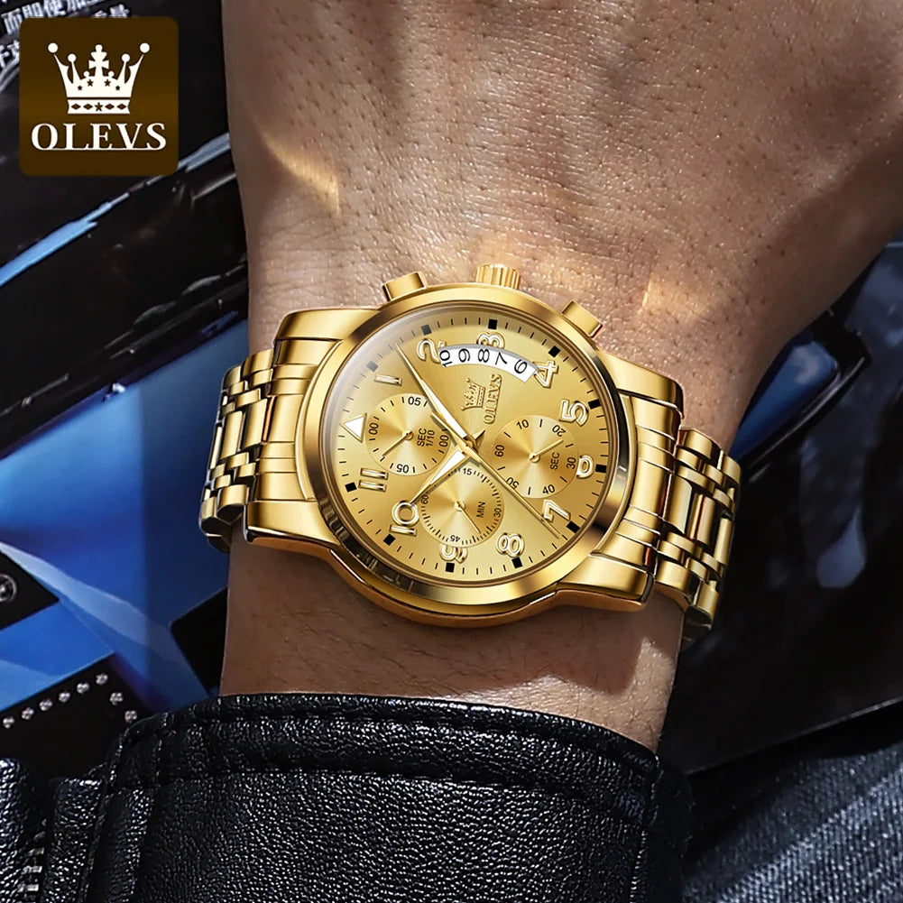 OLEVS Gold Watch for Men Luxury Top Brand Luminous Waterproof Steel Sport Chronograph Multifunction Fashion Men'S Quartz Watch