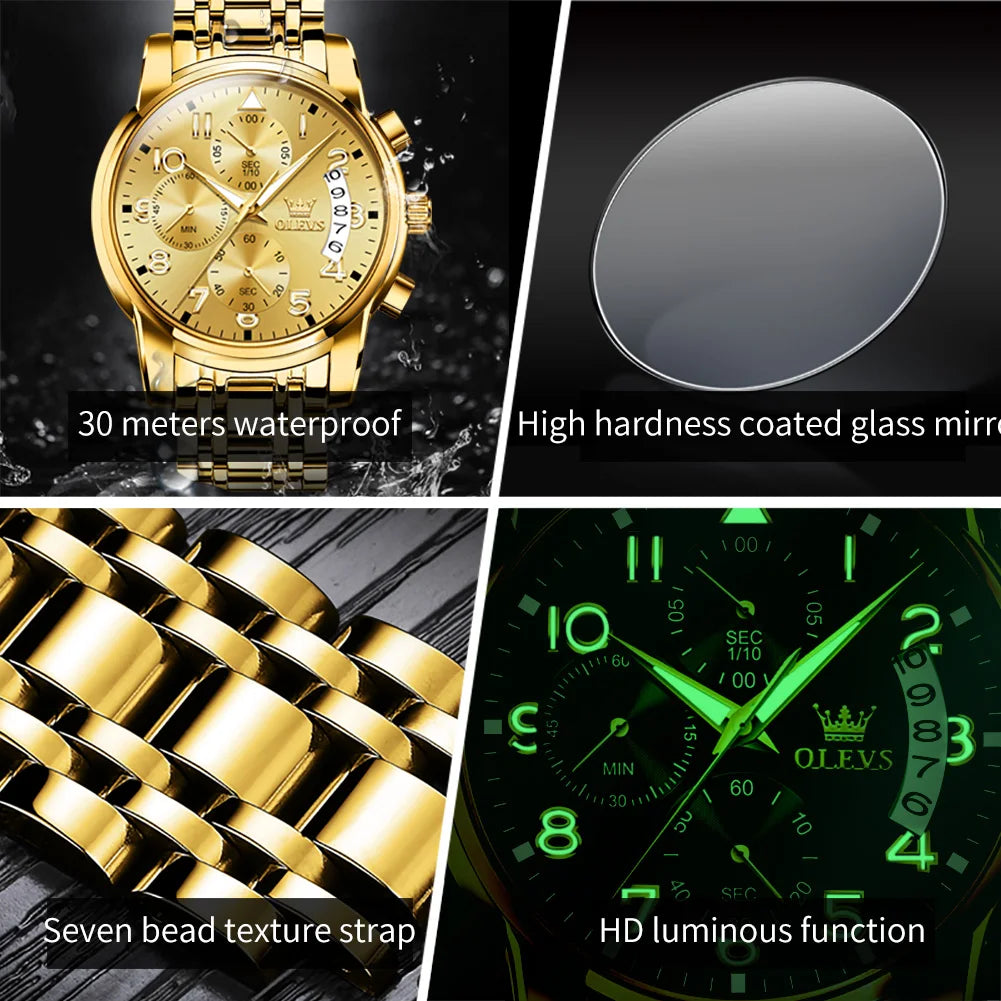 OLEVS Gold Watch for Men Luxury Top Brand Luminous Waterproof Steel Sport Chronograph Multifunction Fashion Men'S Quartz Watch