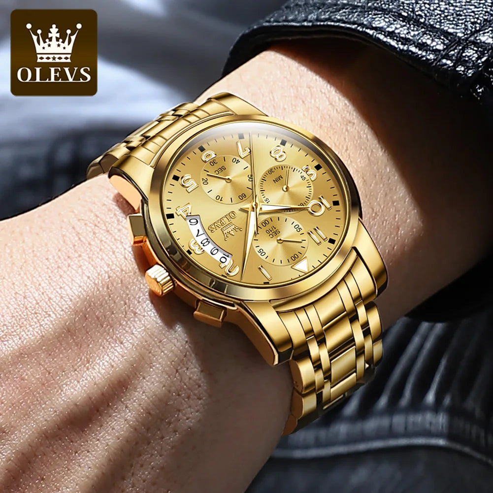 OLEVS Gold Watch for Men Luxury Top Brand Luminous Waterproof Steel Sport Chronograph Multifunction Fashion Men'S Quartz Watch