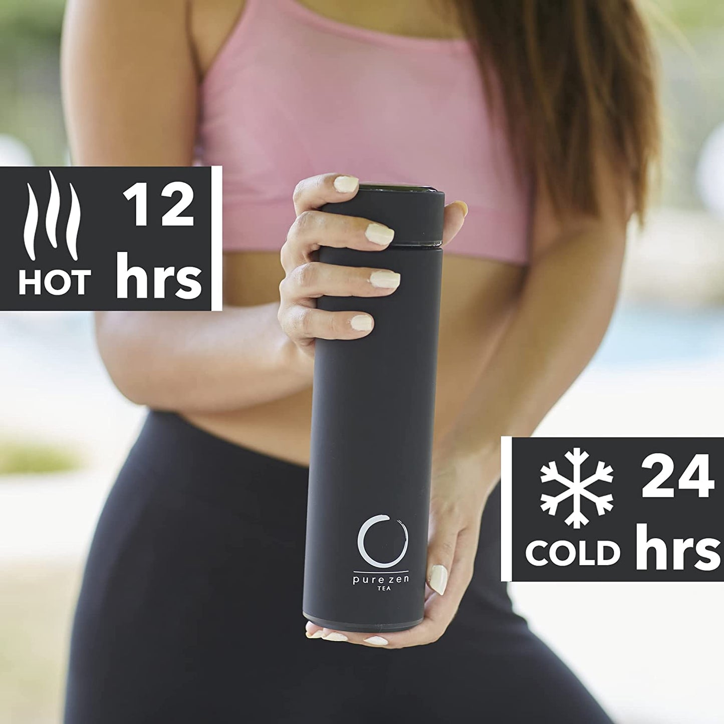 Pure Zen Tea Thermos with Infuser for Tea, Coffee and Fruit-Infused Water - Stainless Steel - Tea Infuser Bottle - Tea Tumbler with Infuser - Leakproof Tea Bottle - Travel Tea Mug - 15Oz - Black