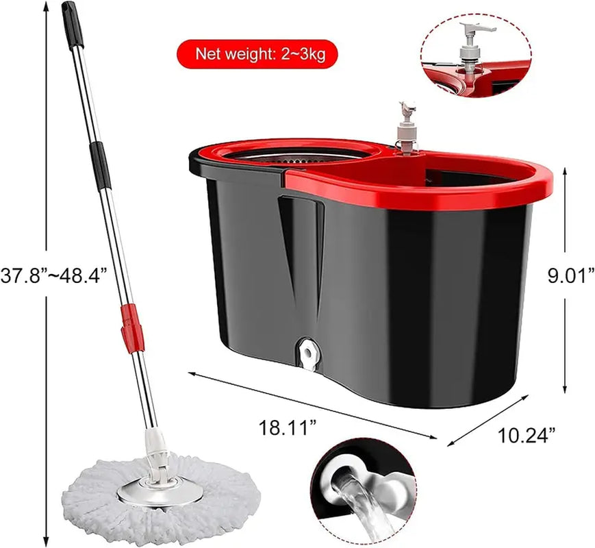 VEETGG Janitorial Mop Bucket Wringer Set Extendable Handle 360 Spin Mops for Floor Cleaning + 2 Mop Heads Cleaning Pack Red Black Microfiber