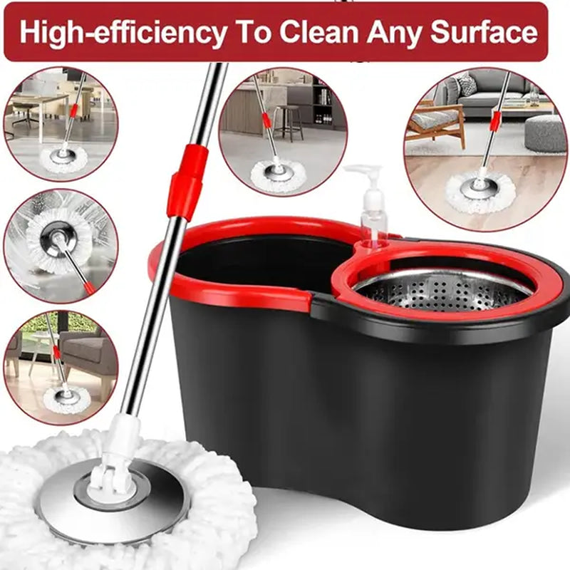 VEETGG Janitorial Mop Bucket Wringer Set Extendable Handle 360 Spin Mops for Floor Cleaning + 2 Mop Heads Cleaning Pack Red Black Microfiber