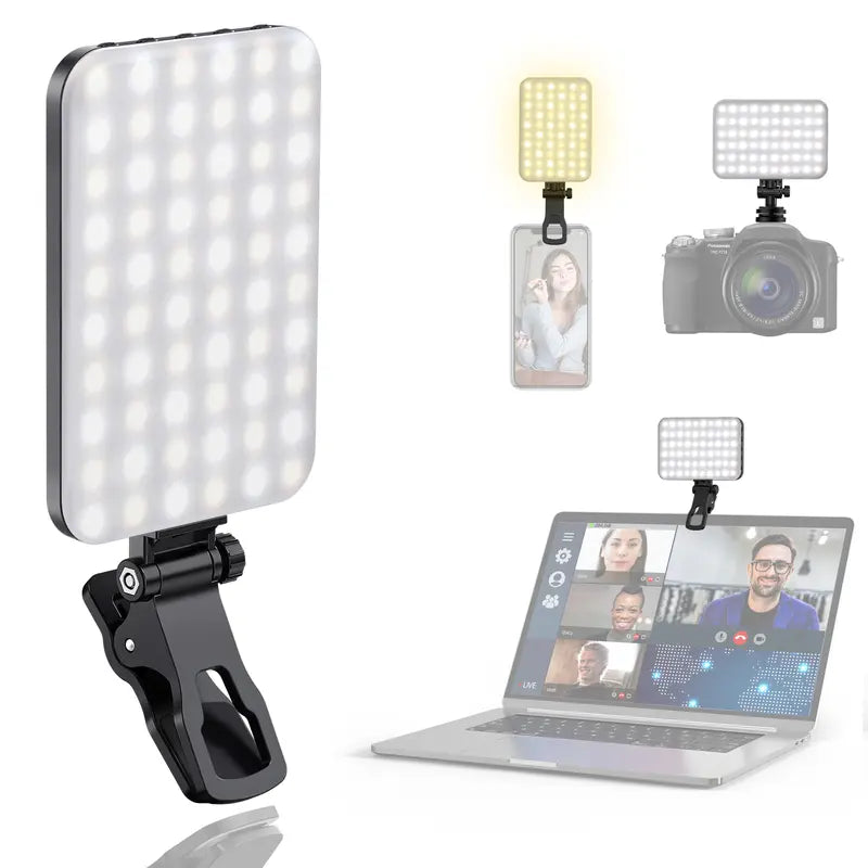 Portable LED Selfie Light with Front &Back Phone Clip for Father'S Day Gift,High Power 6O LED 2000MAH Rechargeable Camera Fill Light for Summer 3 Light Modes Clip on Ring Light for Tablet/Laptop/Camera/Tripod Zoom Call Video Fill Light for Camera Use