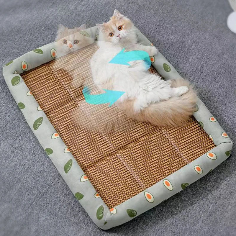 Professional Title: "Breathable Lightweight Rattan Cat Bed with Cooling Mat for Small Dogs"