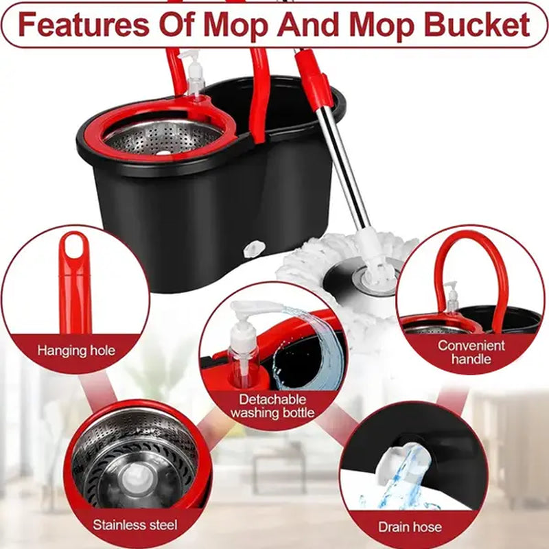 VEETGG Janitorial Mop Bucket Wringer Set Extendable Handle 360 Spin Mops for Floor Cleaning + 2 Mop Heads Cleaning Pack Red Black Microfiber