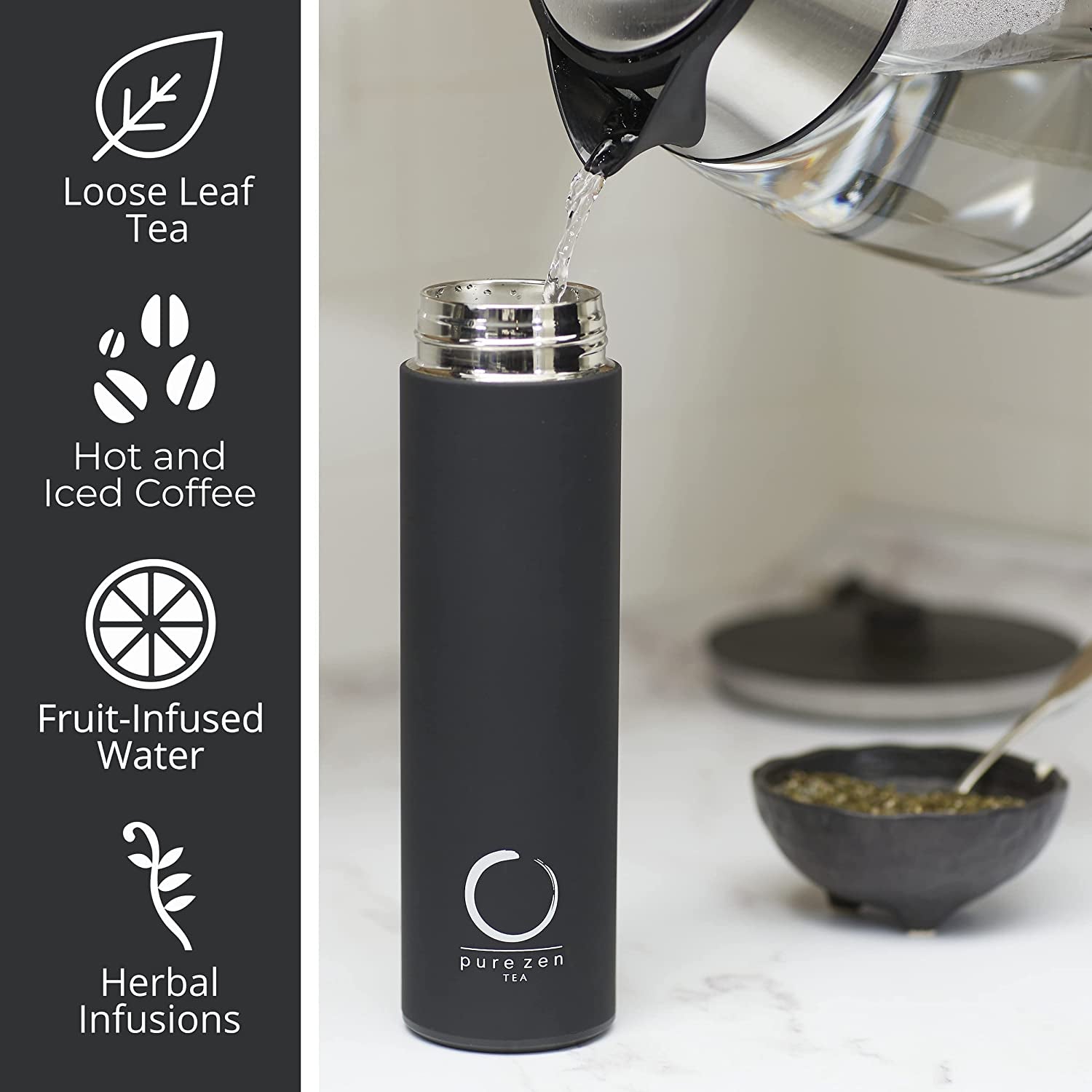 Pure Zen Tea Thermos with Infuser for Tea, Coffee and Fruit-Infused Water - Stainless Steel - Tea Infuser Bottle - Tea Tumbler with Infuser - Leakproof Tea Bottle - Travel Tea Mug - 15Oz - Black