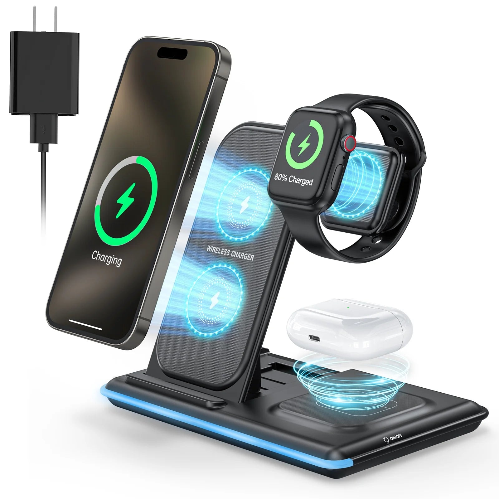 3 in 1 Wireless Charger, 18W Fast Charging Station for Iphone 15/14/13/12 /11/Pro Max/12 Pro /Xr,Wireless Charging Stand for Iwatch Series SE 9/8/7/6/5/4/3, Airpods Pro/3/2 (With QC3.0 Adapter)