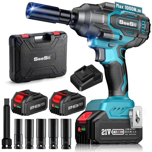 Seesii 1000Nm(738Ft-Lbs) Cordless Impact Wrench,1/2" High Torque Brushless Impact Wrench W/Two 4.0AH Battery,Fast Charger, 5 Sockets & Storage Case, Pistola De Impacto, Electric Impact Wrench for Car Truck,Wh760