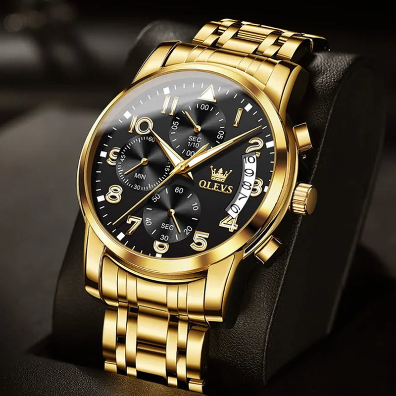 OLEVS Gold Watch for Men Luxury Top Brand Luminous Waterproof Steel Sport Chronograph Multifunction Fashion Men'S Quartz Watch