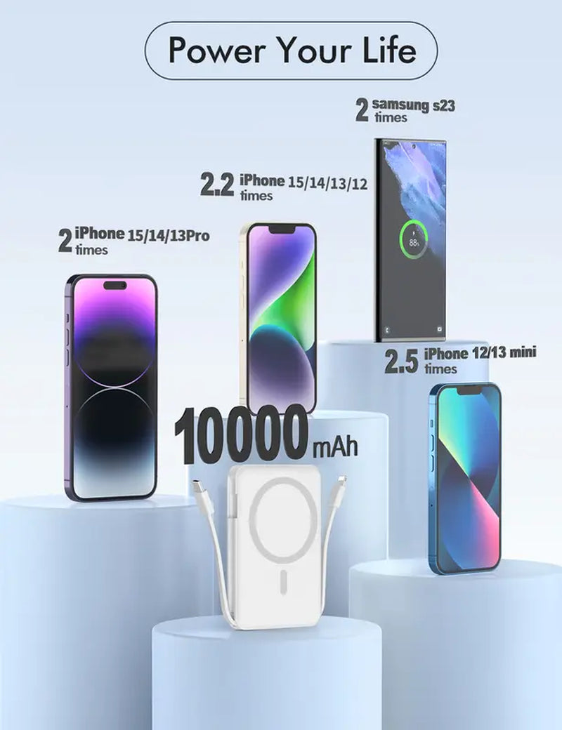 Magnetic Power Bank, 10000Mah Magnetic Power Bank Built-In USB C Lighting Cable Apple Charging Cable 22.5W PD Fast Charging LED Display Magnetic Safety Battery Pack Only for Iphone 15/14/13/12/Mini/Pro/Pro Max - Black Smartphone Cellphone