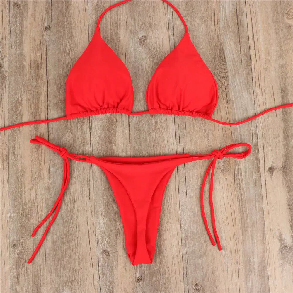 2019 New Bikinis Solid Swimsuit Lace-up Sexy Hanging Neck Bikini Lace-up Three-Point Beach Swimsuit