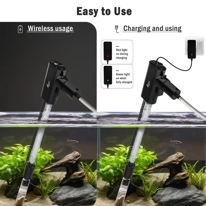 AQQA Aquarium Rechargeable Gravel Cleaner Kit,Energy Saving Powerful Fish Tank Siphon Vacuum Cleaner,Portable Automatic Water Changer,Adjustable Flow Rate Wash Sand 15W 420GPH