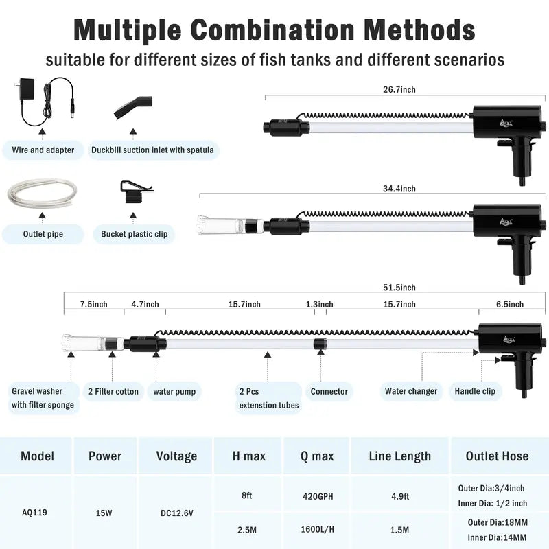AQQA Aquarium Rechargeable Gravel Cleaner Kit,Energy Saving Powerful Fish Tank Siphon Vacuum Cleaner,Portable Automatic Water Changer,Adjustable Flow Rate Wash Sand 15W 420GPH