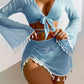 4pcs Solid Color Bikini With Short Skirt And Long Sleeve Cover-up Fashion Bow Tie Fringed Swimsuit Set Summer Beach Womens Clothing