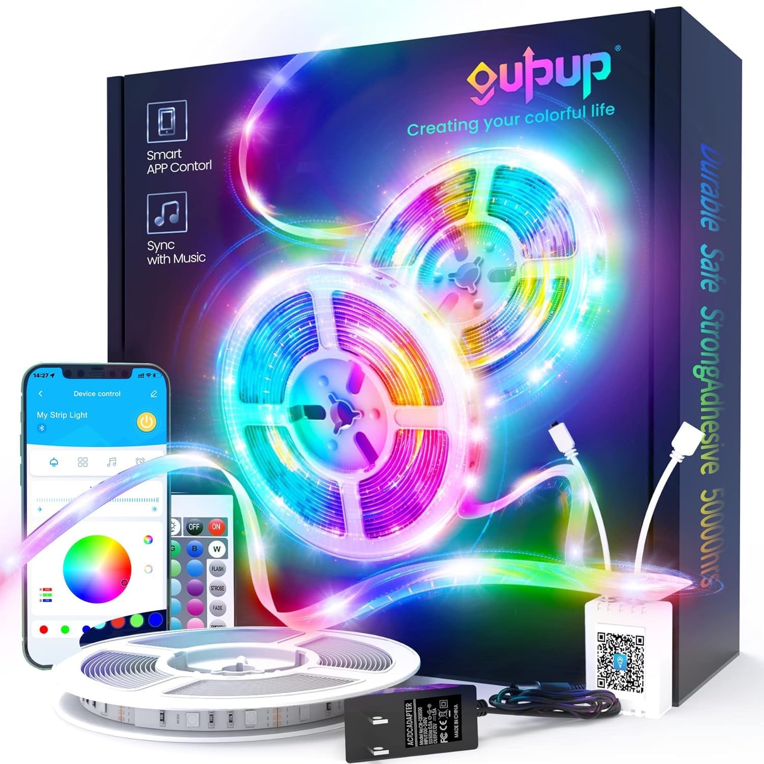 GUPUP 50 FT LED Strip Lights,Bluetooth LED Lights for Bedroom, Color Changing Light Strip with Music Sync, Phone Controller and IR Remote(App+Remote +Mic).