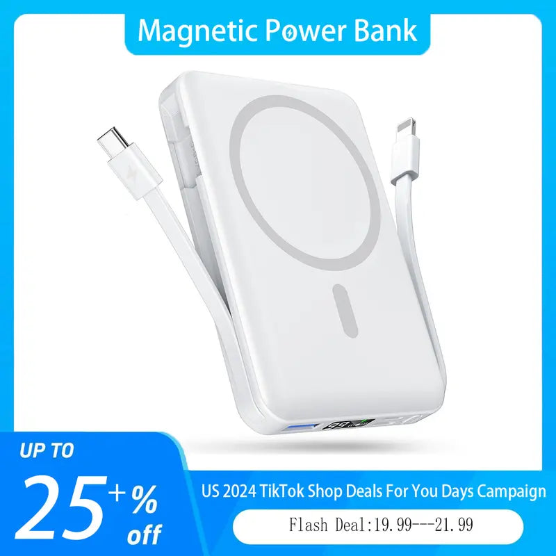 Magnetic Power Bank, 10000Mah Magnetic Power Bank Built-In USB C Lighting Cable Apple Charging Cable 22.5W PD Fast Charging LED Display Magnetic Safety Battery Pack Only for Iphone 15/14/13/12/Mini/Pro/Pro Max - Black Smartphone Cellphone