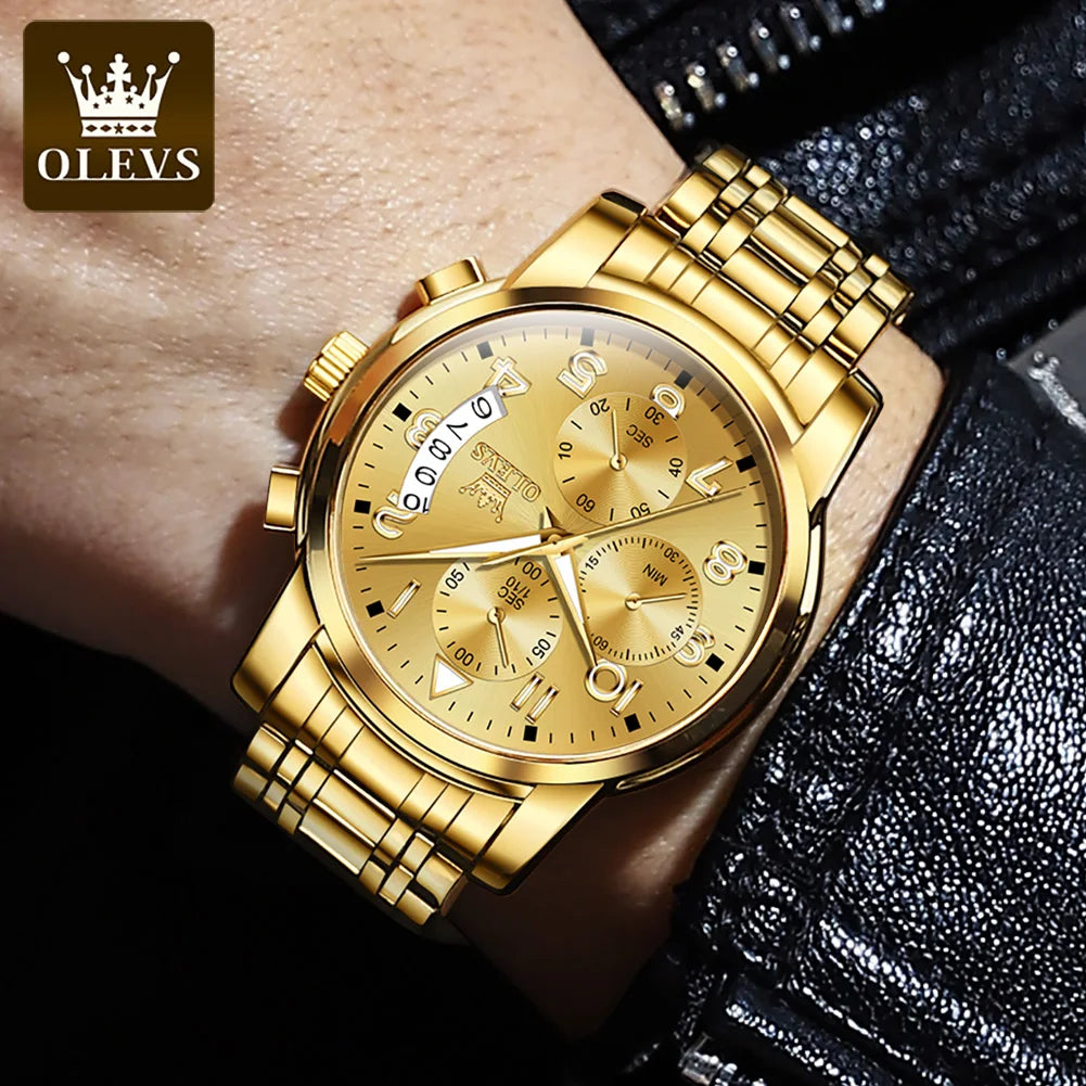 OLEVS Gold Watch for Men Luxury Top Brand Luminous Waterproof Steel Sport Chronograph Multifunction Fashion Men'S Quartz Watch