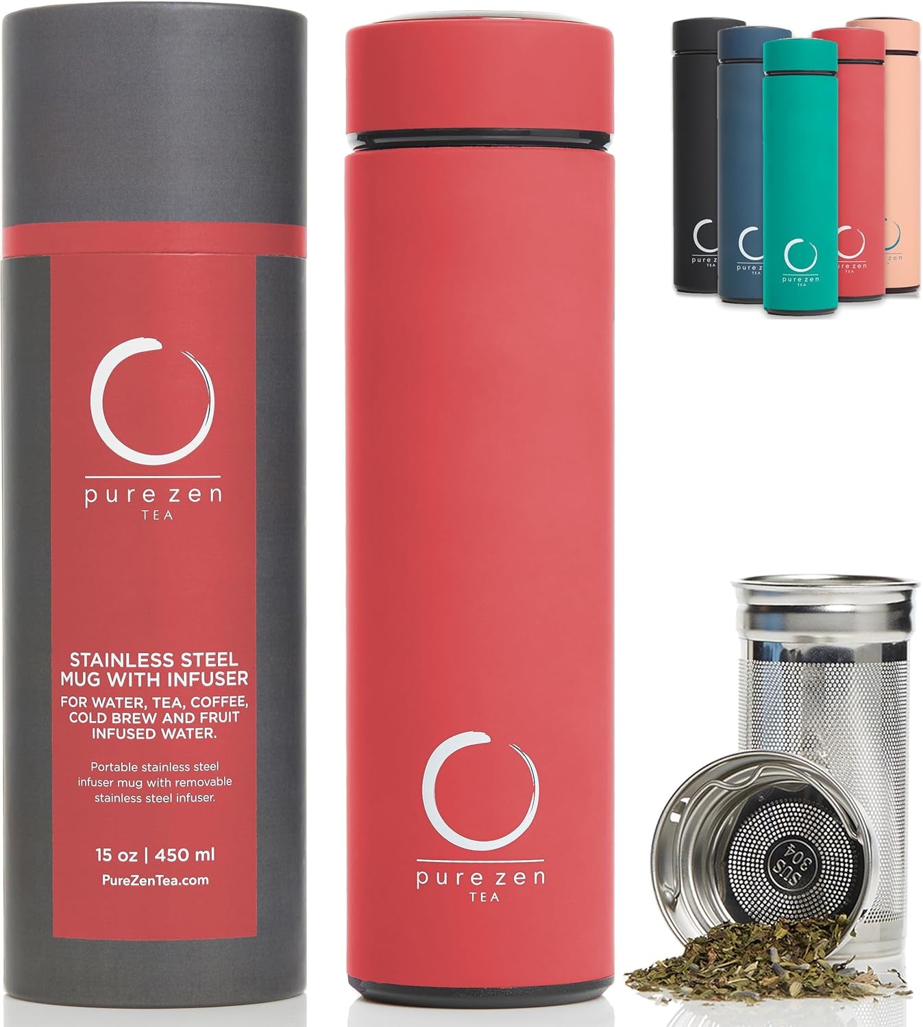 Pure Zen Tea Thermos with Infuser for Tea, Coffee and Fruit-Infused Water - Stainless Steel - Tea Infuser Bottle - Tea Tumbler with Infuser - Leakproof Tea Bottle - Travel Tea Mug - 15Oz - Black