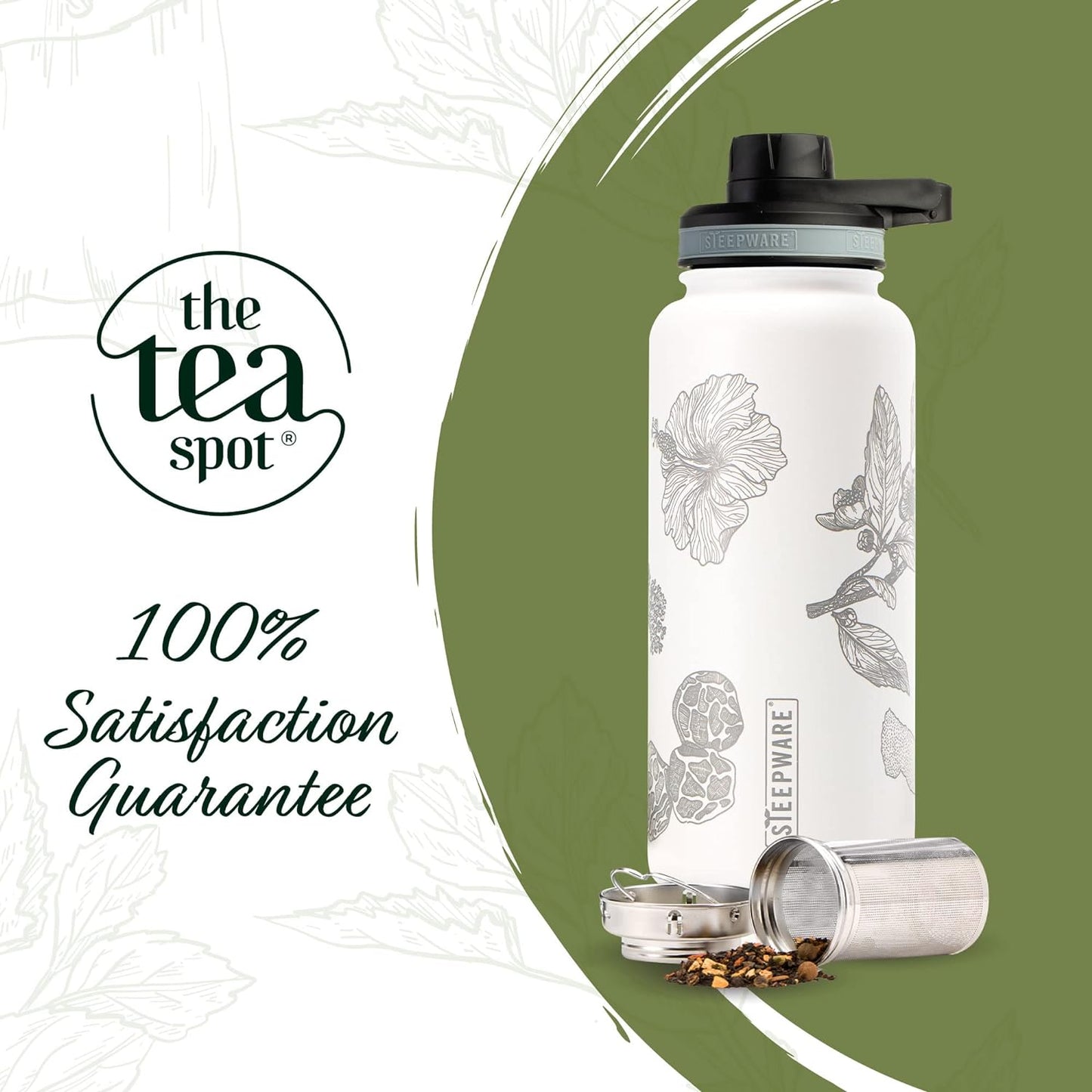 The Tea Spot Himalayan Tea Tumbler - Travel Bottle with Tea Infuser for Loose Leaf Tea or Iced Coffee - 32Oz, White-Etched - Double-Walled Insulated Bottle - Keeps Drinks Hot & Cold for Hours