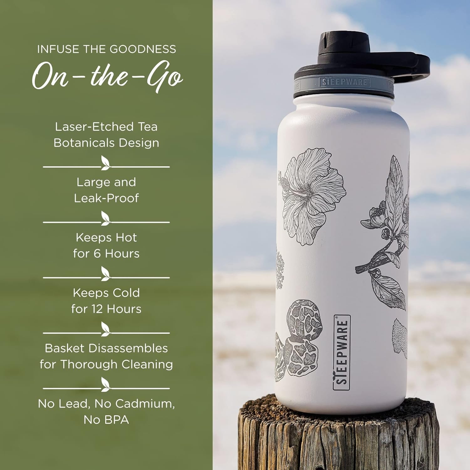 The Tea Spot Himalayan Tea Tumbler - Travel Bottle with Tea Infuser for Loose Leaf Tea or Iced Coffee - 32Oz, White-Etched - Double-Walled Insulated Bottle - Keeps Drinks Hot & Cold for Hours