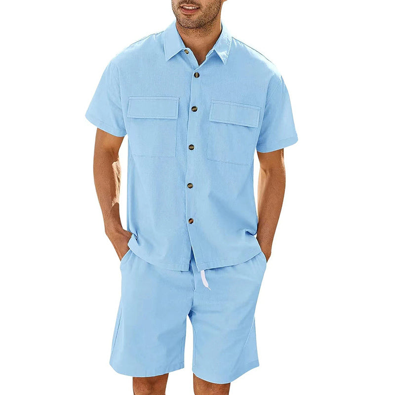 Summer Suits Men Short Sleeve Lapel Pockets Shirt And Drawstring Shorts Sports Fashion Leisure Men's Clothing