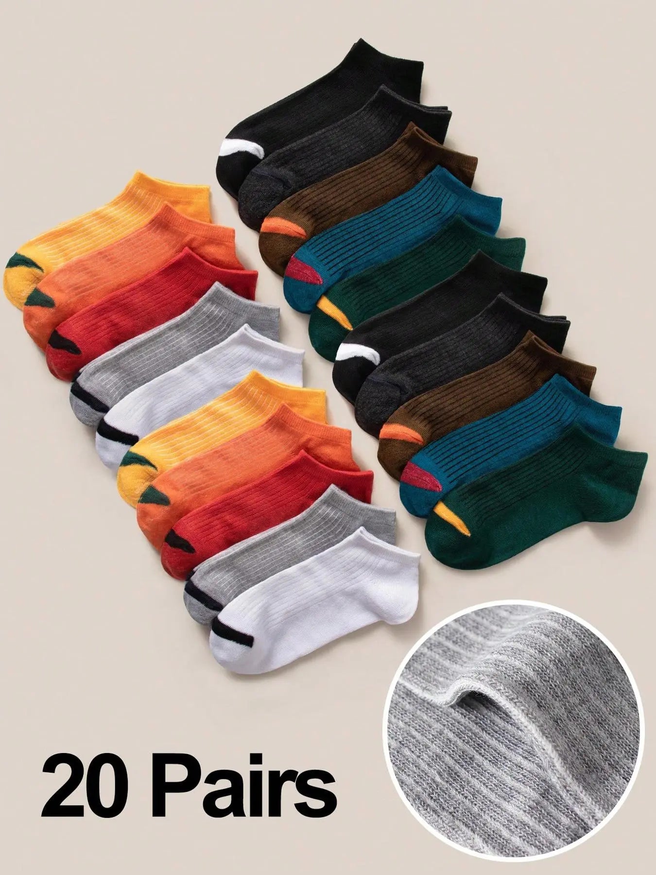 Men'S 20 Pairs Colorblock Ankle Socks, Casual Comfy Breathable Low Cut Socks for Daily Outdoor Wear, Multipack Knit Socks for All Seasons