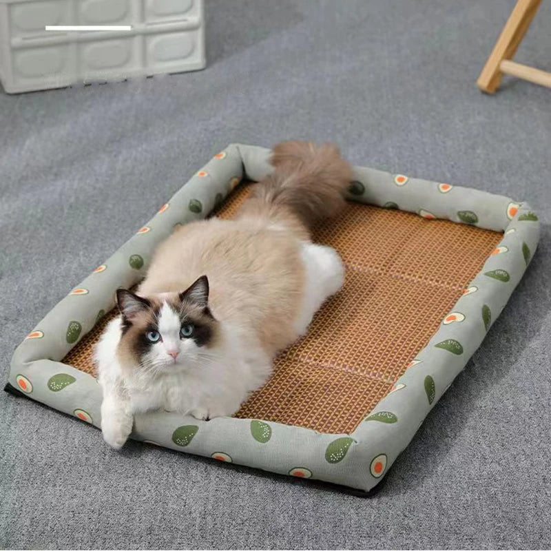 Professional Title: "Breathable Lightweight Rattan Cat Bed with Cooling Mat for Small Dogs"