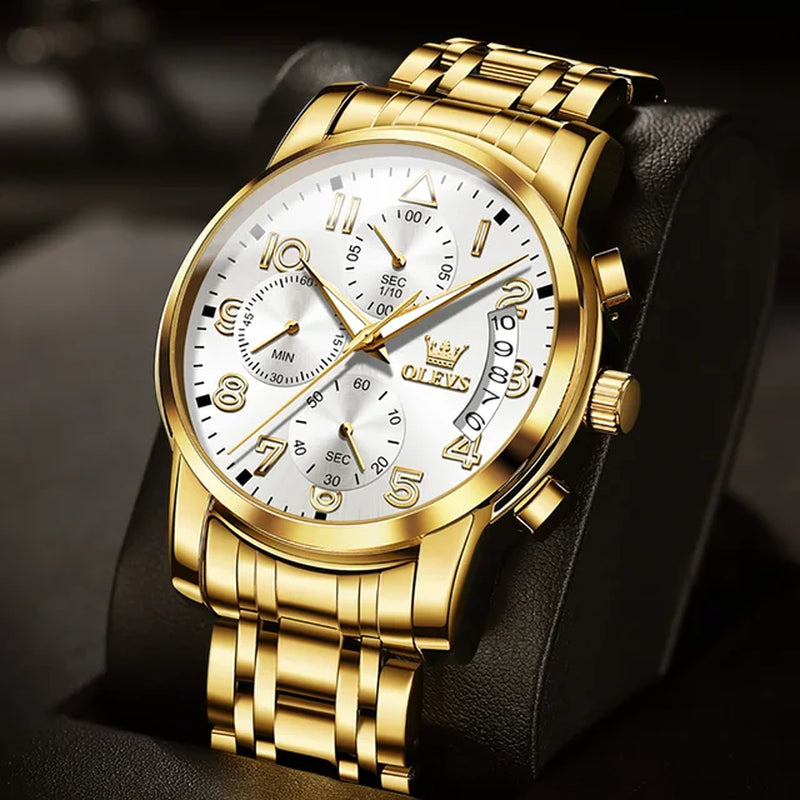 OLEVS Gold Watch for Men Luxury Top Brand Luminous Waterproof Steel Sport Chronograph Multifunction Fashion Men'S Quartz Watch